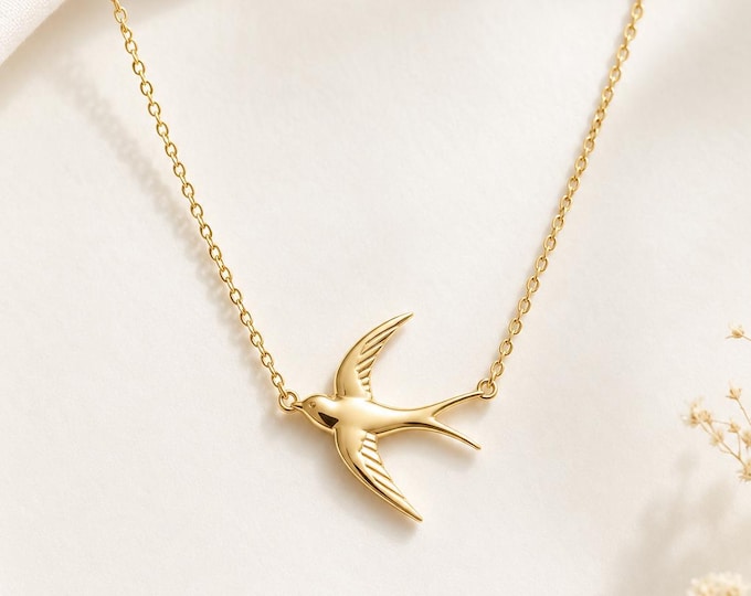 Solid Gold Swallow Necklace, Dainty Flying Bird Pendant, Hope Freedom Jewelry