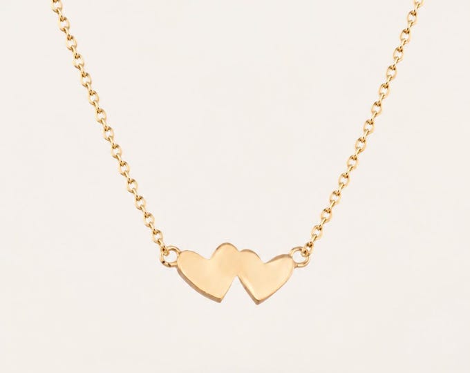 Solid Gold Double Heart Necklace in 8K & 14K, Interlocking Twin Heart Pendant, Dainty Connected Hearts Choker, Romantic Gift for Her