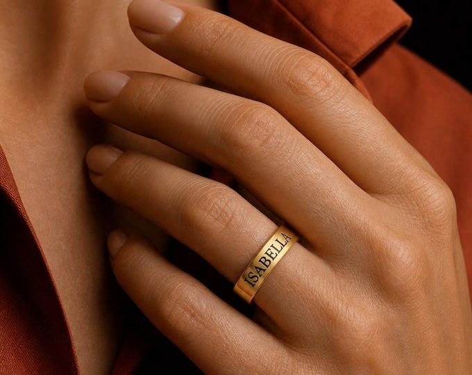 Engraved Name Band Ring, 8K or 14K Solid Gold Personalized Jewelry