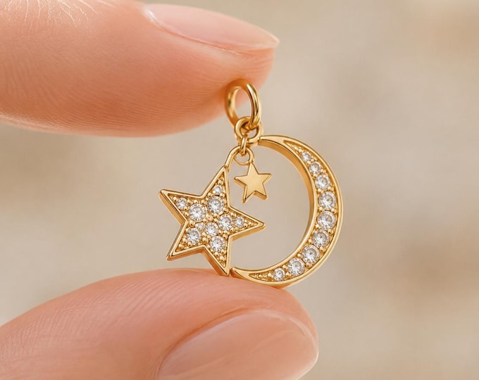 Solid Gold Moon Star Charm Pendant, Pave Celestial Necklace, Islamic Eid Gift
