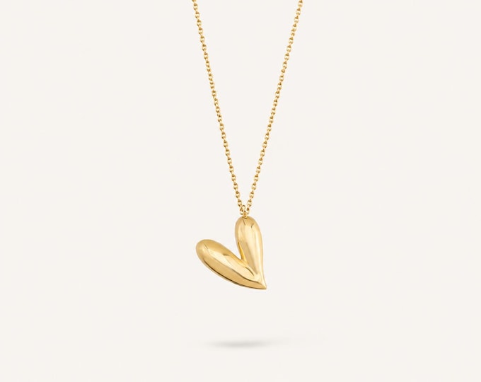 Solid Gold Puffy Heart Necklace in 8K & 14K, Modern Asymmetrical 3D Heart Pendant, Dainty Minimalist Love Choker, Contemporary Gift for Her
