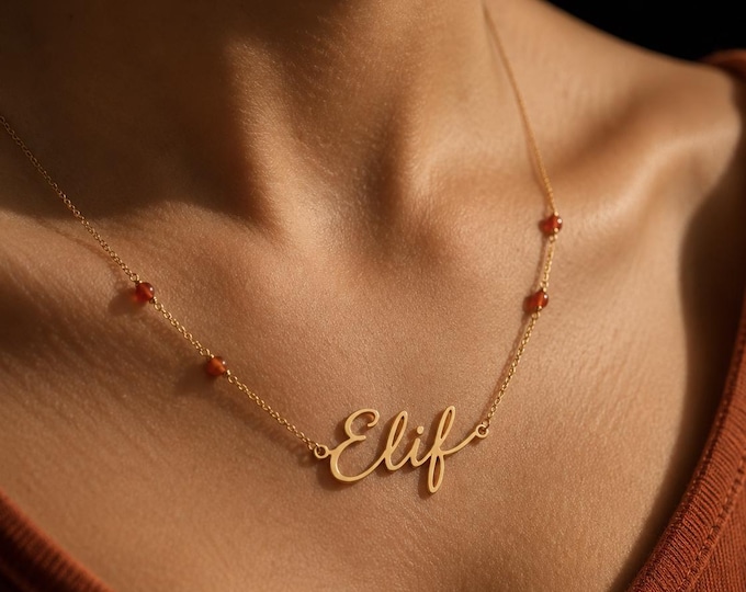 Carnelian Name Necklace, Personalized 8K or 14K Solid Gold Jewelry
