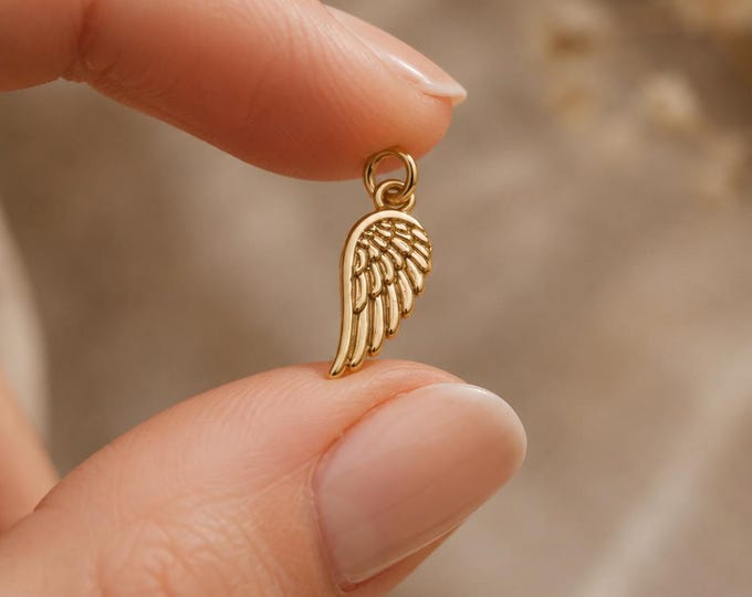 Angel Wing Charm, 14K or 8K Solid Gold Guardian Necklace, Memorial Sympathy Gift