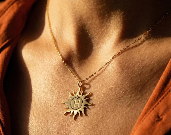 Solid Gold Sunburst Initial Necklace, Personalized Letter Pendant, Minimal Celestial Jewelry