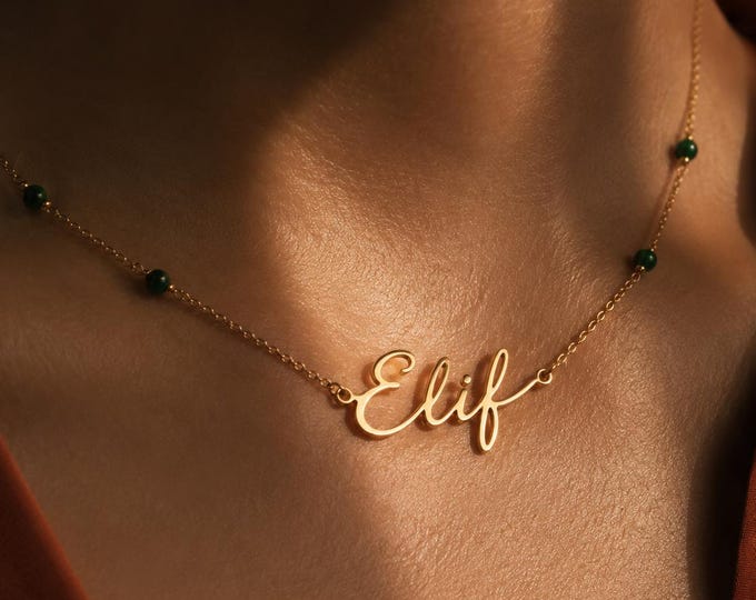 Personalized Malachite Name Necklace, Personalized Jewelry, Genuine 18K Solid Gold