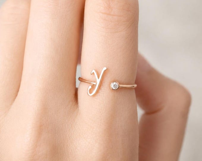 Personalized Initial Open Ring, 8K or 14K Solid Gold Letter Jewelry