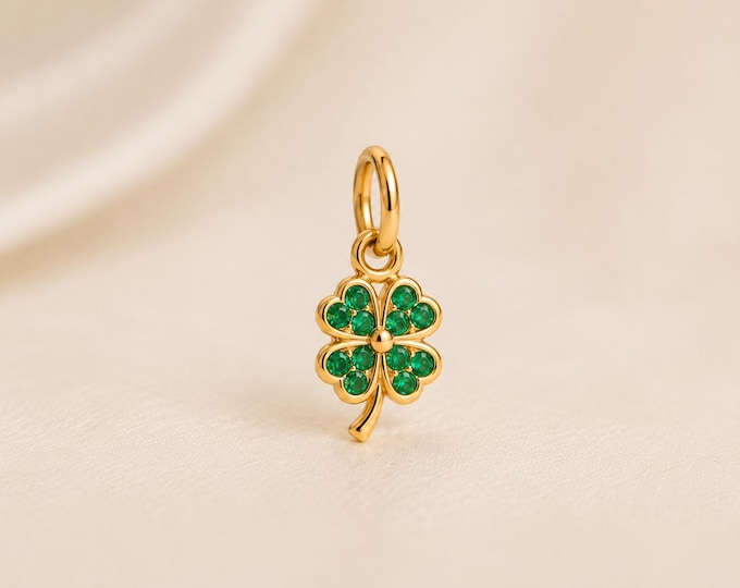 Solid Gold Four Leaf Clover Charm, Green Stone Lucky Shamrock Pendant