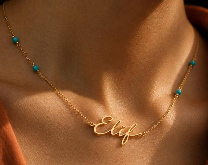 Custom 10K Gold Necklace, Turquoise Name Necklace, Personalized Jewelry