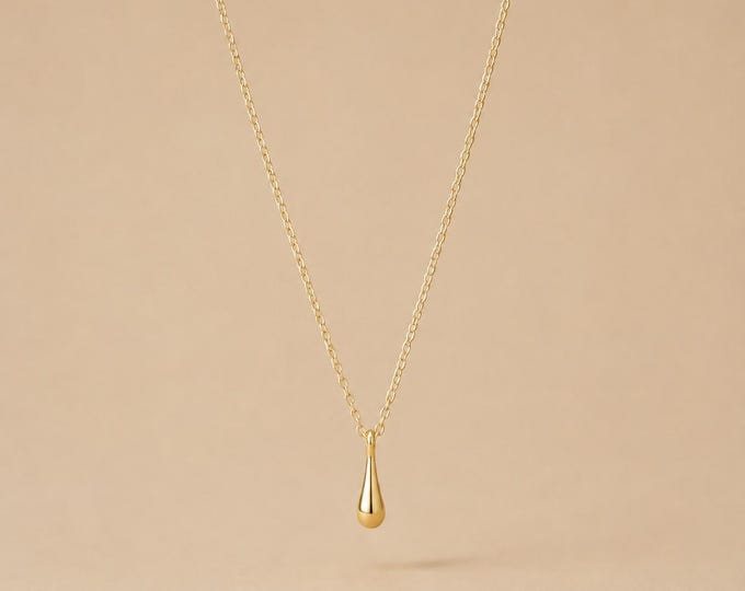 Solid Gold Teardrop Necklace in 8K & 14K, Dainty Water Drop Pendant, Minimalist Raindrop Choker, Tiny Gold Drop Charm