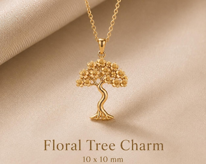 Solid Gold Floral Tree Charm, 8K or 14K Tree of Life Pendant, Botanical Necklace, Nature Gift for Her