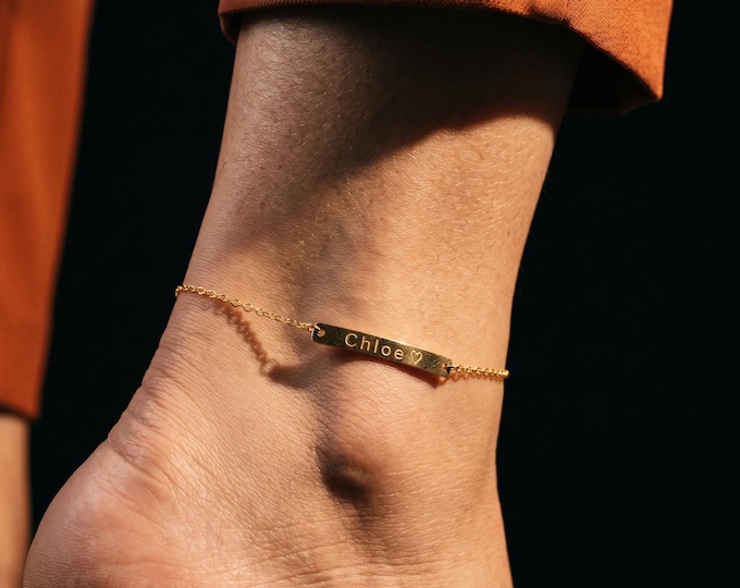 Personalized Name Bar Anklet, Solid 14K Gold Engraved Ankle Bracelet, Minimal Jewelry