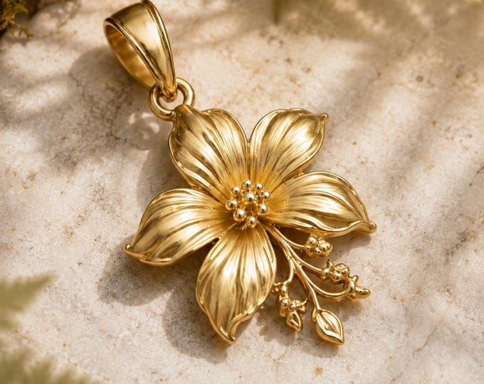 Solid Gold Botanical Flower Charm, 8K or 14K Textured Floral Pendant, Charm Only
