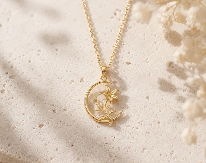 Solid Gold Lily Crescent Necklace, Dainty Flower Pendant, 8K or 14K Botanical Jewelry, Gift for Her