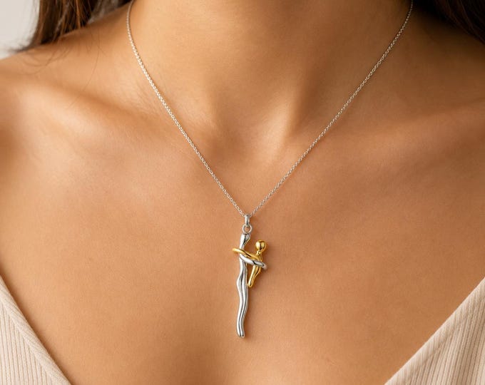 Mother Child Hug Necklace, Two Tone Solid Gold Family Pendant (8K or 14K)