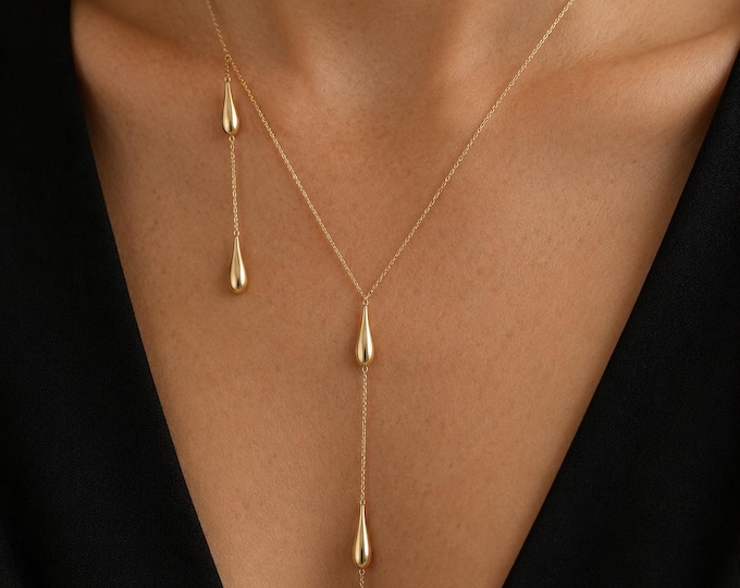 Solid Gold Teardrop Lariat Necklace in 8K & 14K, Elegant Y Necklace with Raindrop Charms, Dainty Drop Cleavage Chain, Bridal Wedding Jewelry