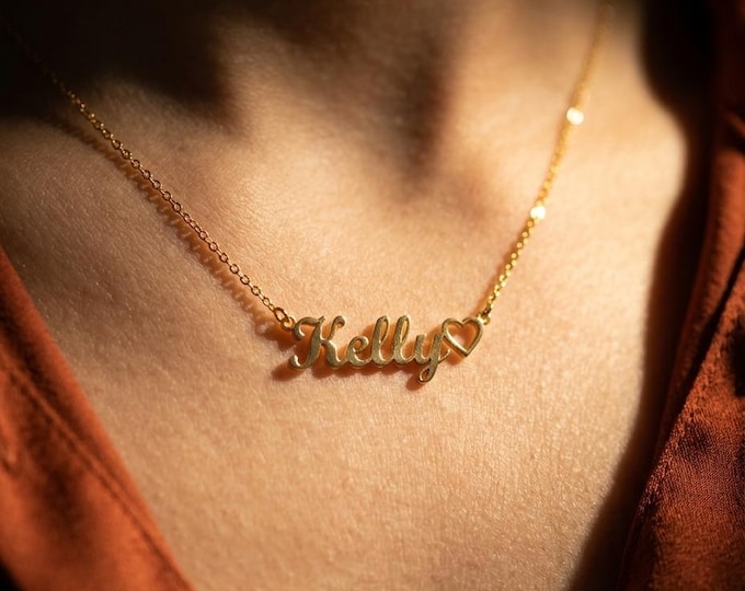 Solid Gold Heart Necklace, Minimal Personalized Jewelry, Custom Name
