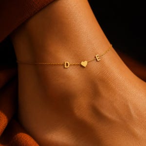 Personalized Two Initial Anklet with Heart, 8K or 14K Solid Gold Chain
