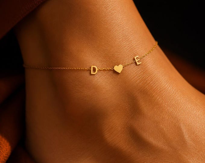 Personalized Two Initial Anklet with Heart, 8K or 14K Solid Gold Chain
