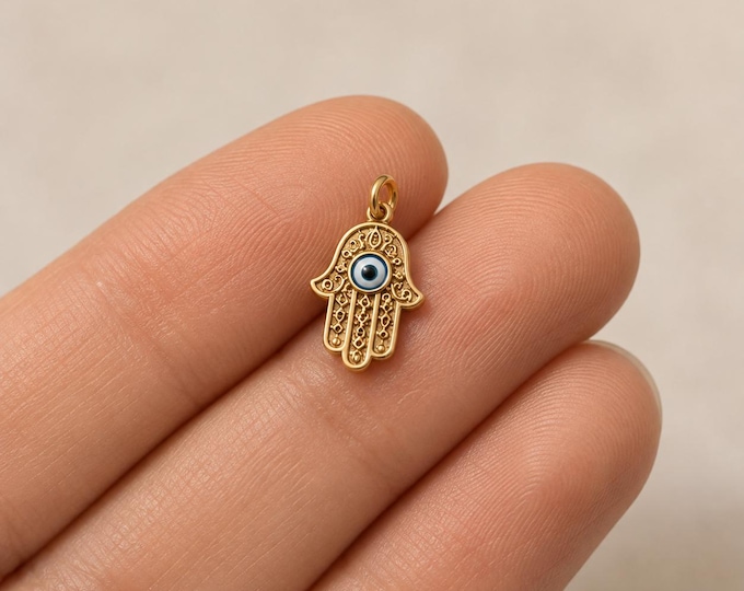 Solid Gold Hamsa Hand Necklace, Evil Eye Fatima Pendant, Spiritual Protection Charm