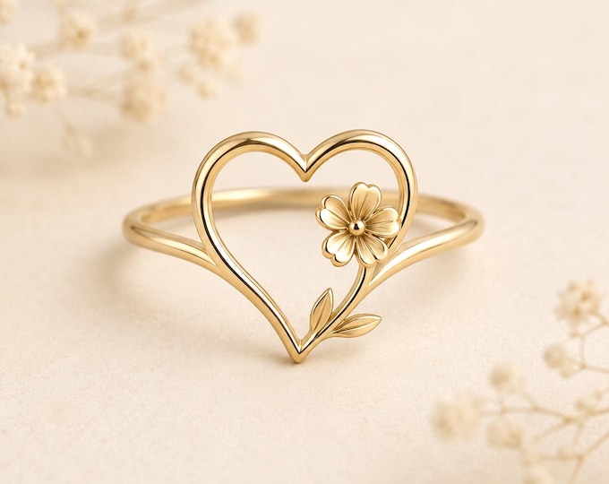 Solid Gold Heart Flower Ring, 8K 14K Botanical Love Ring, Romantic Gift for Her