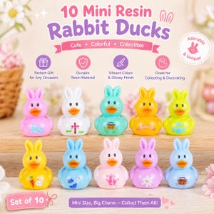 May include: A set of ten mini resin rabbit ducks in various colors, including pink, white, blue, yellow, and green. Each duck has a unique design and is labeled as "Cute, Colorful, Collectible." The text reads "Perfect Gift for Any Occasion."