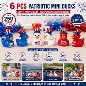May include: Six patriotic mini duck figurines in red, white, and blue, each with a different design. The ducks are 0.64 x 0.59 x 0.46 inches and are perfect for home, office, or as gifts. The text reads "250th Anniversary - Independence Day Patterns."
