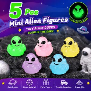 May include: Five mini alien figures in the shape of ducks in green, pink, yellow, purple, and blue. The text reads "Mini Alien Figures" and "Glow in the Dark". The figures are made of resin and are suitable for party favors.