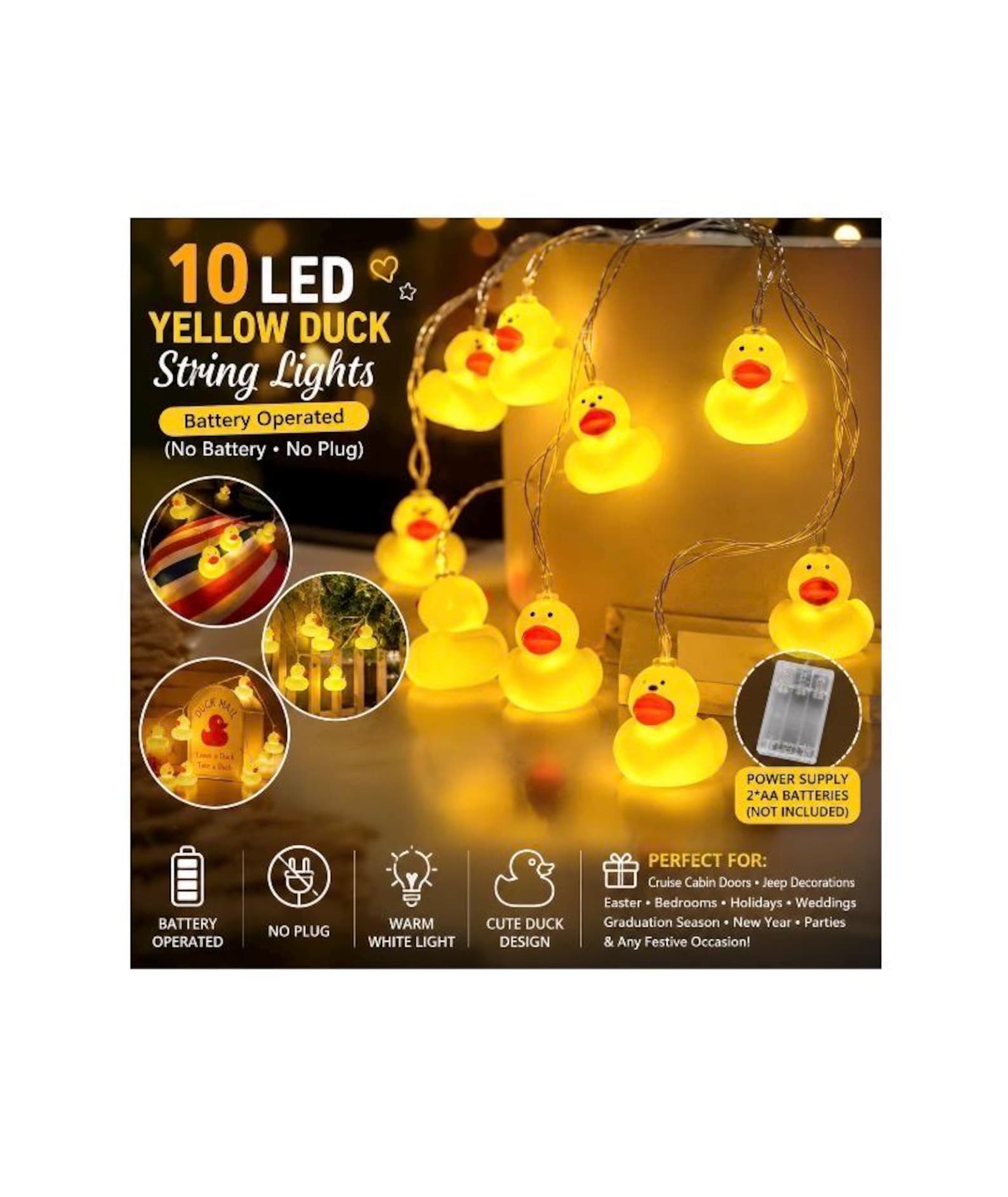 10 LED Yellow Duck String Lights Battery Operated Cruise Cabin Decor Easter Party Lights
