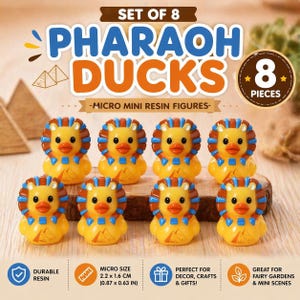 May include: Set of eight yellow Pharaoh Ducks, micro mini resin figures. Each duck has a blue and brown headdress and a pyramid design. The figures measure 0.87 x 0.63 inches. Text on the image says "Perfect for decor, crafts & gifts!"
