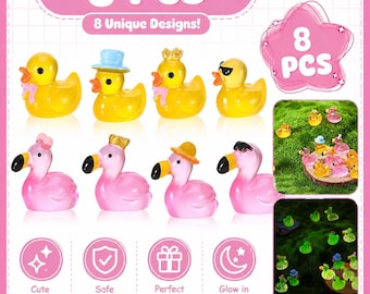 Mini Resin Ducks - 8 Piece Mini Rubber Duck Set: Flamingo, Glow in Dark, Jeep, Cruise Ducks