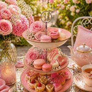 Könnte beinhalten: Ein dreistöckiger Servierteller mit rosa Makronen, Gebäck und Rosen. Eine rosa Teekanne und Tasse stehen auf dem Tisch, zusammen mit einer brennenden Kerze und einem Strauß rosa Rosen. Die Szene spielt sich im Freien in einem romantischen Ambiente ab.
