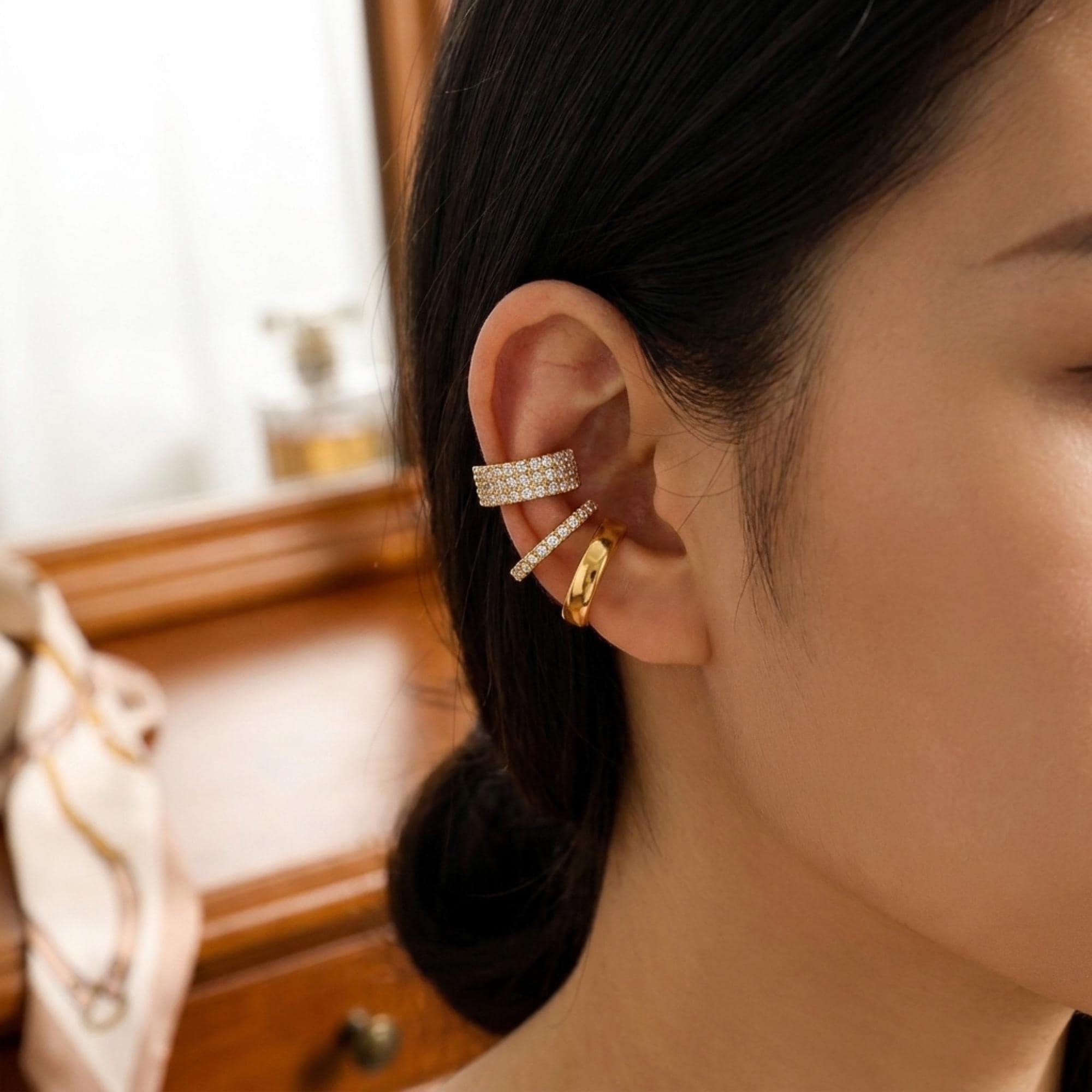 Gold Chunky Hoop Earrings & Pave Ear Cuff Set - No Piercing Ear