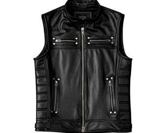 Zwart leren motorvest heren | Gewatteerd bikervest op zijpand | Motovest met 4 zakken en ritssluiting aan de voorkant | Cadeau clubstijl