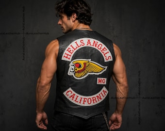 Men's Black Leather Biker Vest | Hells Angles Embroidered Winged Skull, Custom Rocker Patches | Premium Quality