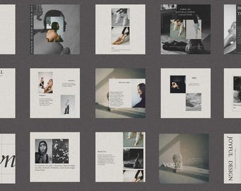 May include: A collection of square, minimalist design layouts with a neutral color palette. Each layout features a combination of text and imagery, including photographs of people and abstract designs. The layouts are arranged on a dark gray background.