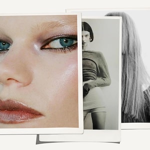 May include: A composite image featuring three photographs. One shows a close-up of a face with blue eyes and mauve eyeshadow. Another is a black and white image of a person in a sweater and shorts. The third shows long, straight hair.