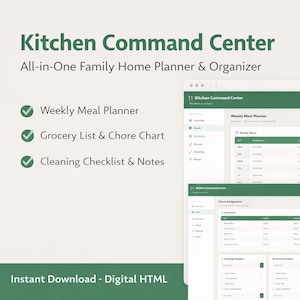 May include: Digital HTML Kitchen Command Centre planner. Features include a weekly meal planner, grocery list, chore chart, and cleaning checklist. The planner is designed to help organise a family's home life.