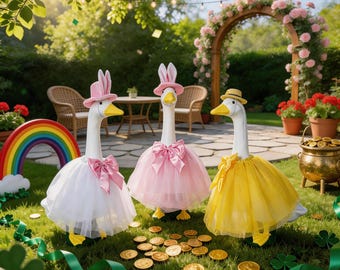Conjunto de ganso para el porche, conjunto de tutú de ganso con temática de trébol, conjunto de ganso para el porche de Pascua/Día de San Patricio, conjunto de tutú tricolor amarillo/verde/morado
