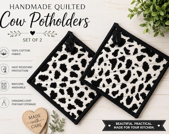 Cow Pattern Pot Holders Set of 2 Kitchen Heat Resistant Potholders, Oven Hot Pads, 100% Cotton, Potholder with Hanging Loops, Farmhouse