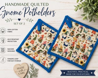 Gnome Pattern Pot Holders Set of 2 Kitchen Heat Resistant Potholders , Oven Hot Pads, 100% Cotton,  Potholder with Hanging Loops