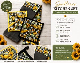 Handmade Sunflower Potholder Set with Matching Kitchen Scarf, Farmhouse Decor
