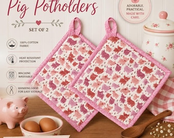 Pig Pattern Pot Holders Set of 2 Kitchen Heat Resistant Potholders, Oven Hot Pads, 100% Cotton,  Potholder with Hanging Loops