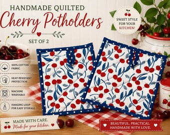 Cherry Patterns Pot Holders Set of 2 Kitchen Heat Resistant Potholders, Oven Hot Pads, 100% Cotton,  Potholder with Hanging Loops, Farmhouse