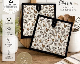 Chicken Pattern Pot Holders Set of 2 Kitchen Heat Resistant Potholders, Oven Hot Pads, 100% Cotton, Potholder with Hanging Loops Farmhouse