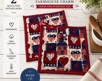 Patriotic Quilted Potholders Set of 2, 4th of July,  100% Cotton Insulated Hot Pads, Farmhouse Kitchen Decor, Handmade