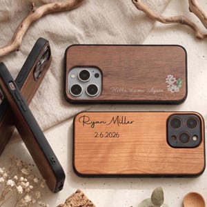 Custom Name Wood Phone Case, Drop Proof TPU Bumper Cover, Engraved Walnut Cherry Rosewood Case for iPhone 17 16 15 Pro Max, Samsung S24 S23