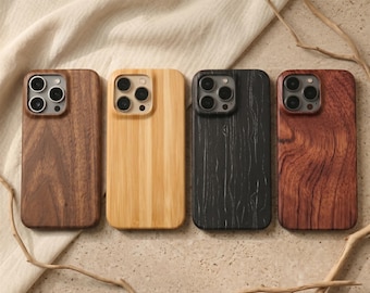 Individuell gravierte Handyhülle aus Walnussholz, personalisierte, schlanke Holzhülle, Geschenk für den Freund, Geburtstagsgeschenk für ihn, iPhone 15 Pro Hülle aus Holz