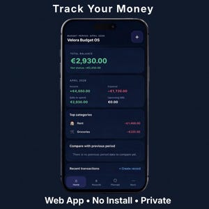 May include: A smartphone displays a financial tracking app interface with the text "Track Your Money." The app shows income, expenses, and a total balance of €2,930.00. Additional text reads "Web App • No Install • Private."