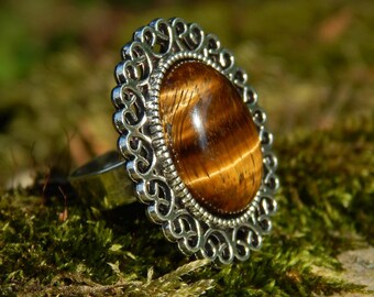 Handmade Adjustable Antique Silver Tigers Eye Gemstone Statement Ring