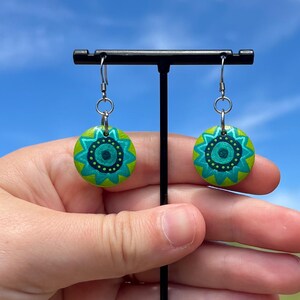 Hand Painted Wooden Circle Earrings – Abstract Green Metallic Lightweight Statement Hooks